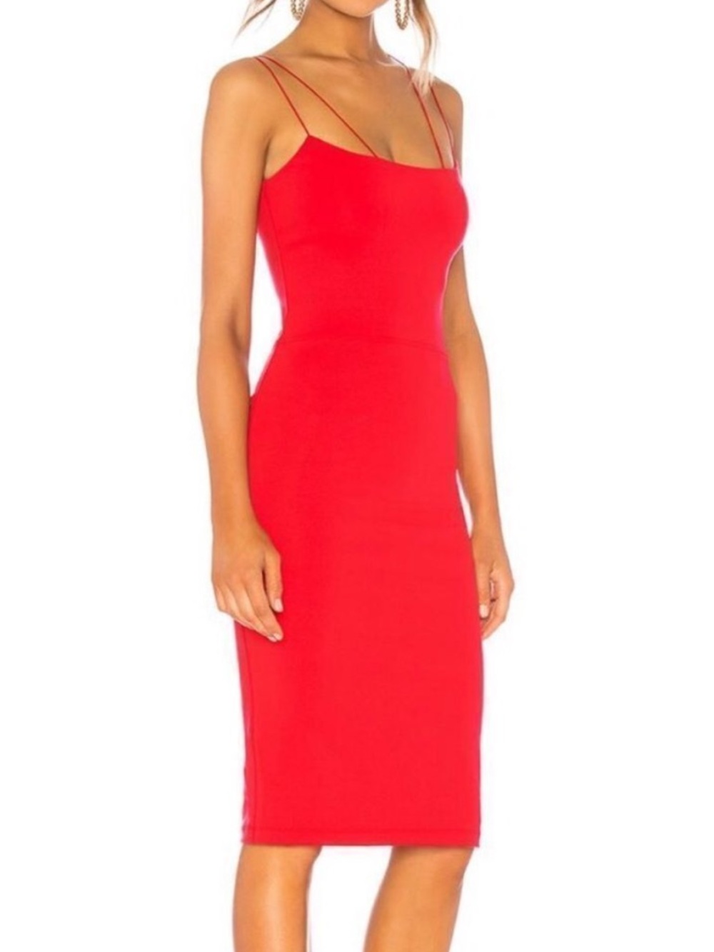 David Lerner Red Asymetrical Strap Midi Dress
